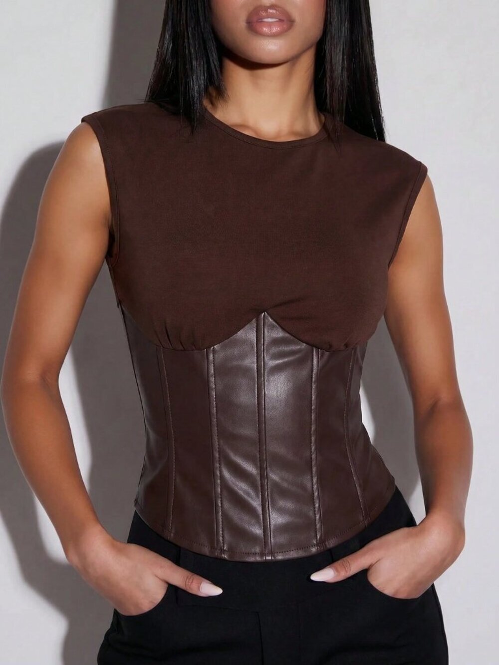 Brown Casual Women's Streetwear Sexy Patchwork Top